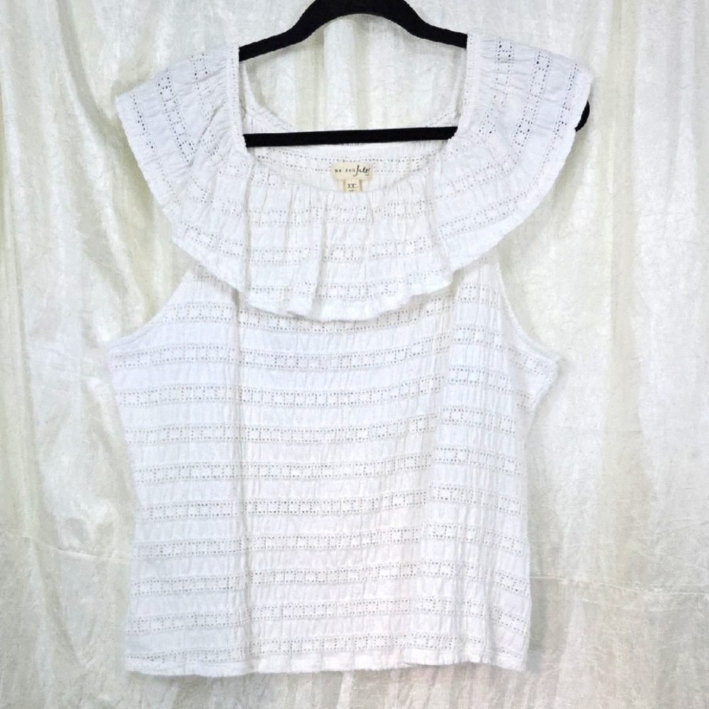 maison Jules Womens Flounce Knit Blouse White Sz XXL